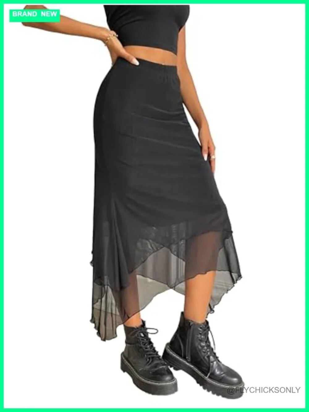 Women Mesh Asymmetrical Mermaid Midi Skirt High Waist Fishtail Long Skirt